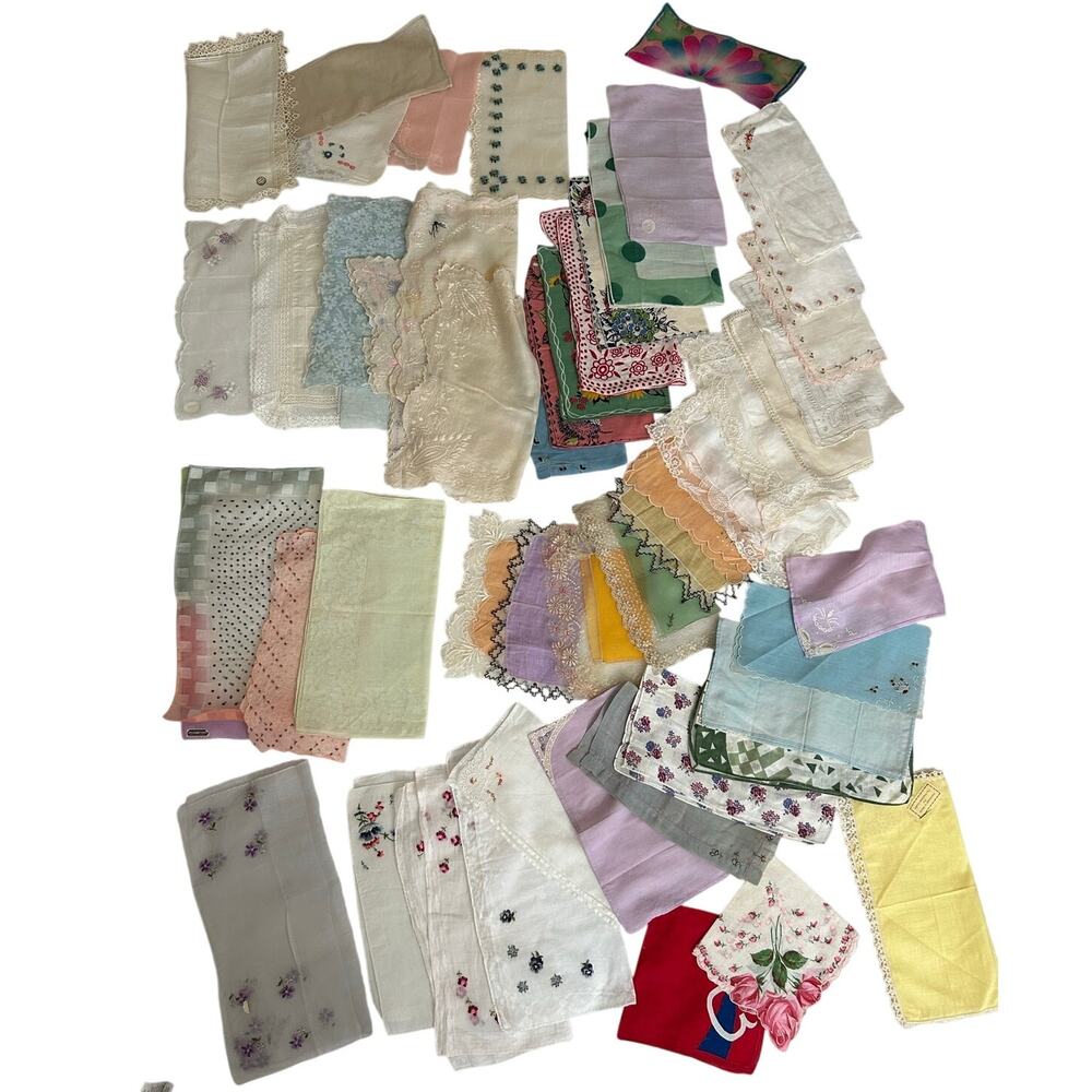 Antique & Vintage Handkerchief Lot Embroidered Lace Floral Cottagecore 50 Pc